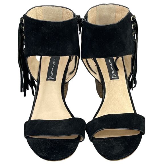 Steve Madden Luisa Black Suede Fringe Block Heel Dressy Sandal Women 9B - Picture 6 of 12